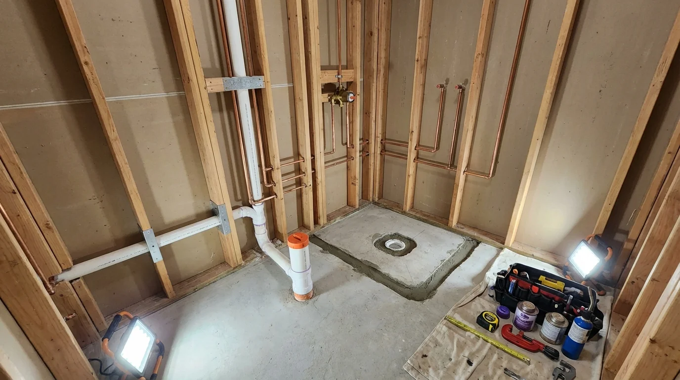Bathroom rough-in plumbing during remodel by Johns Plumbing LLC in Topsham