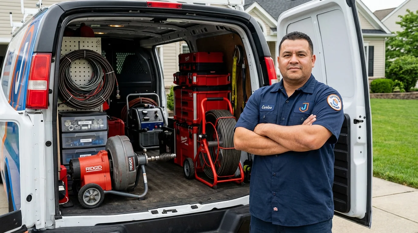 Professional drain cleaning equipment and Johns Plumbing LLC plumber in Topsham