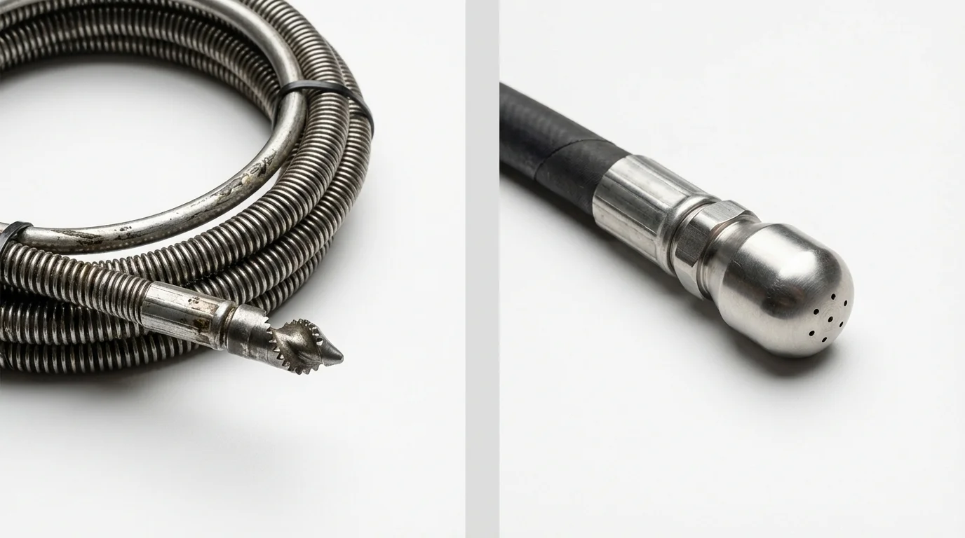 Drain snake cable and hydro jetting nozzle used for drain cleaning in Topsham, ME