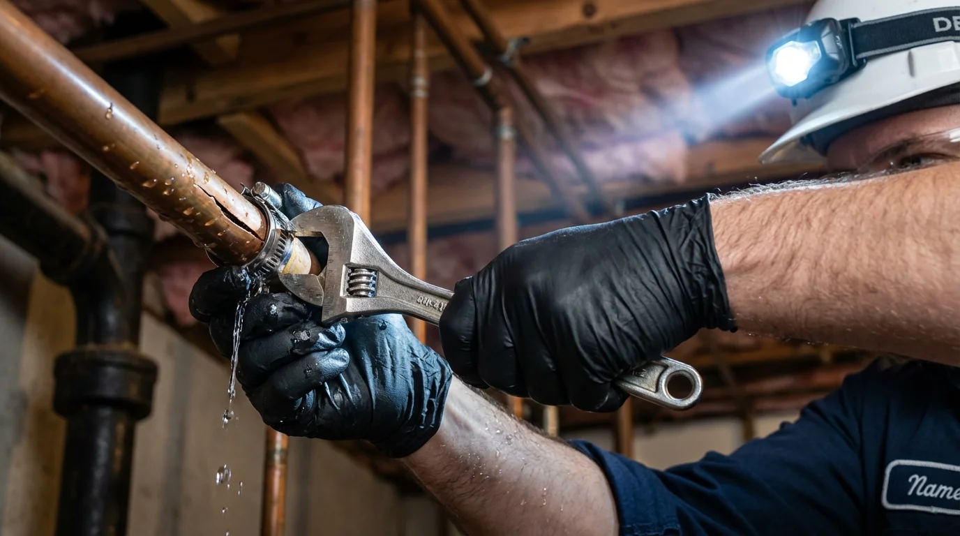 Emergency pipe clamp repair being performed by a Johns Plumbing LLC plumber in Topsham