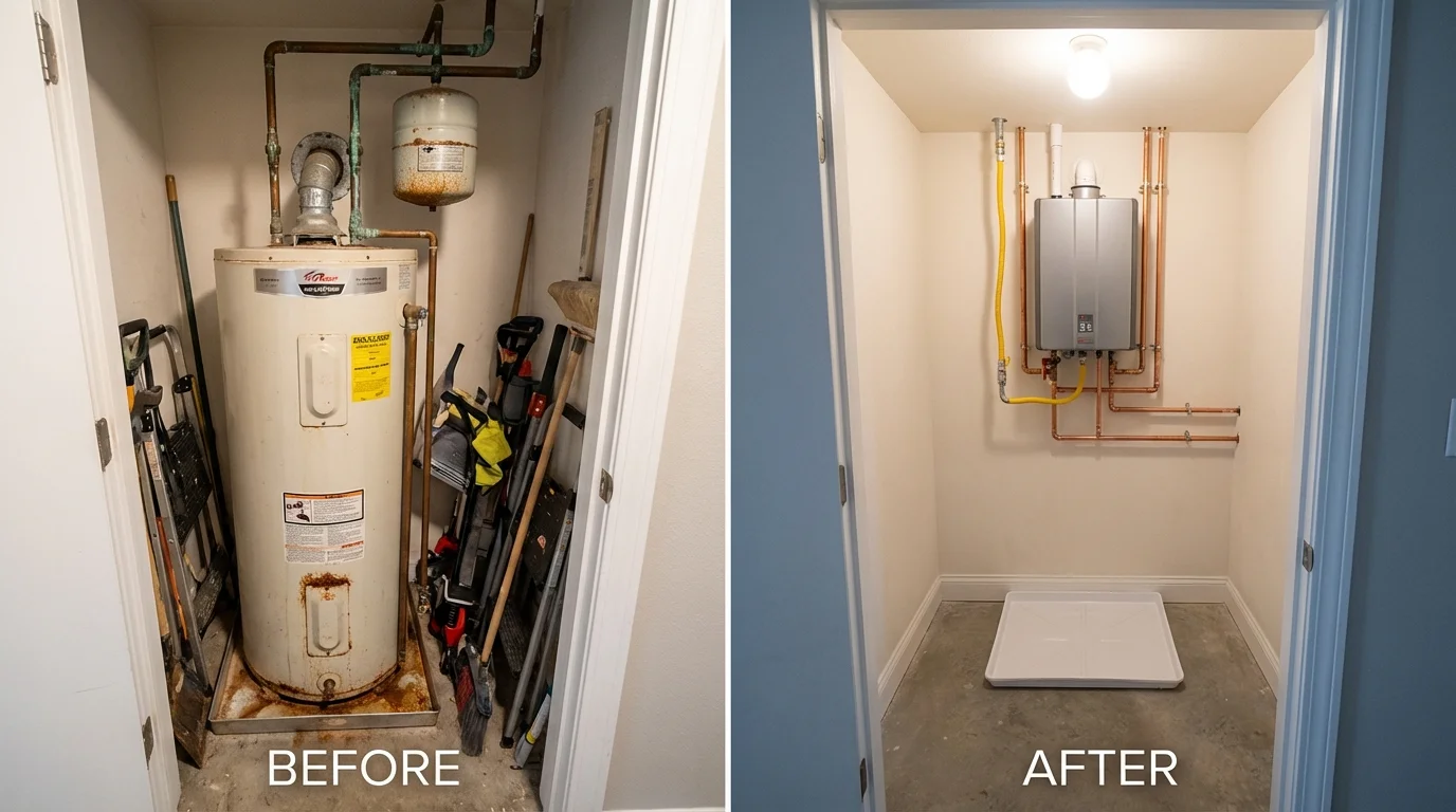 Tank water heater versus wall-mounted tankless unit comparison for Topsham, ME homeowners