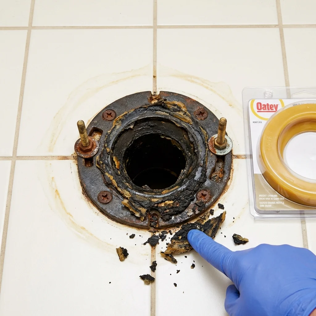Failed wax ring showing water seepage at the base of a toilet in a Topsham, ME home