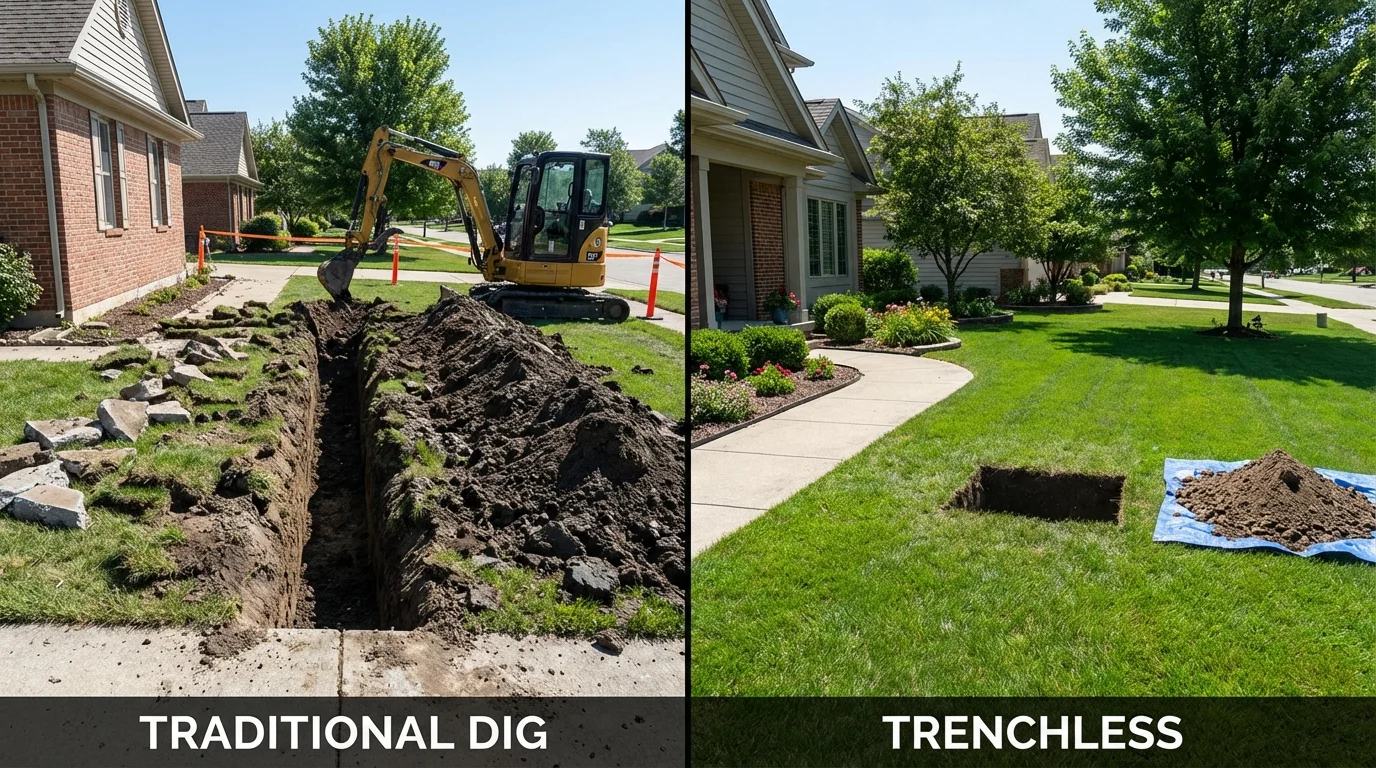Trenchless sewer repair with minimal yard damage versus traditional excavation in Topsham, ME