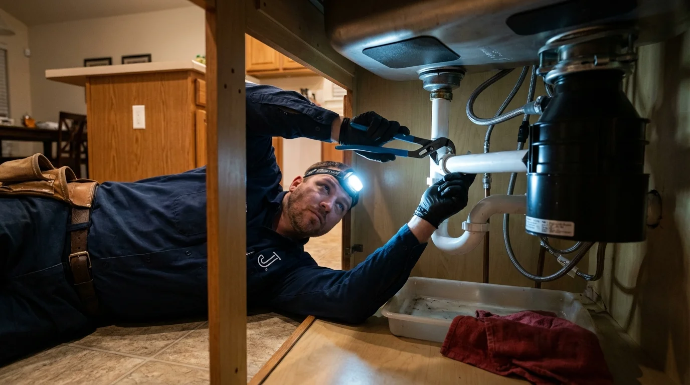 P-trap and supply line connections under a kitchen sink showing a common leak point in Topsham, ME